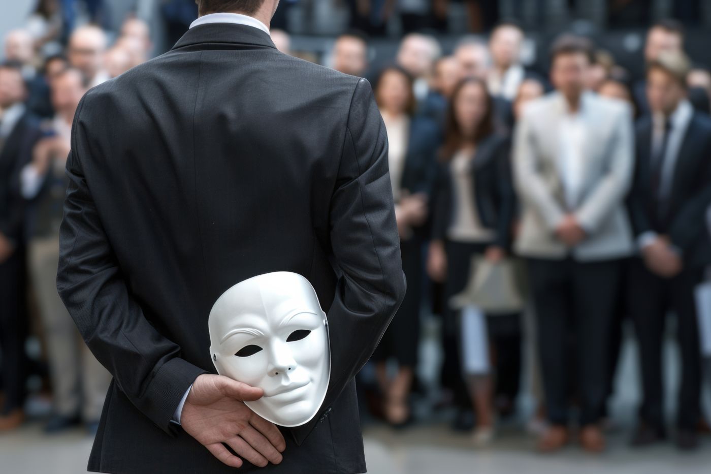 Businessman holding mask amidst group