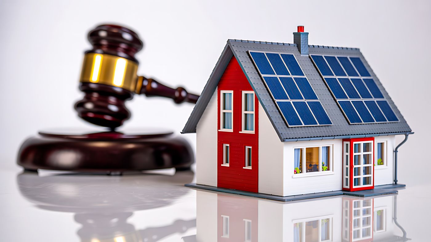 Miniature house with solar panels and judge gavel