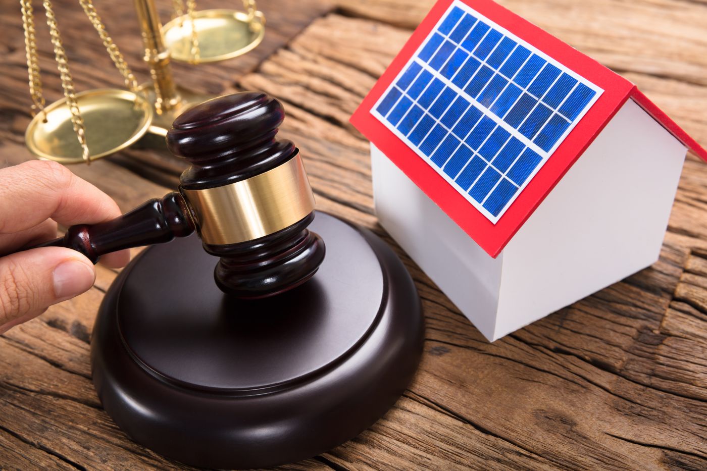 Gavel on table with scale of justice and house model fitted with solar panel