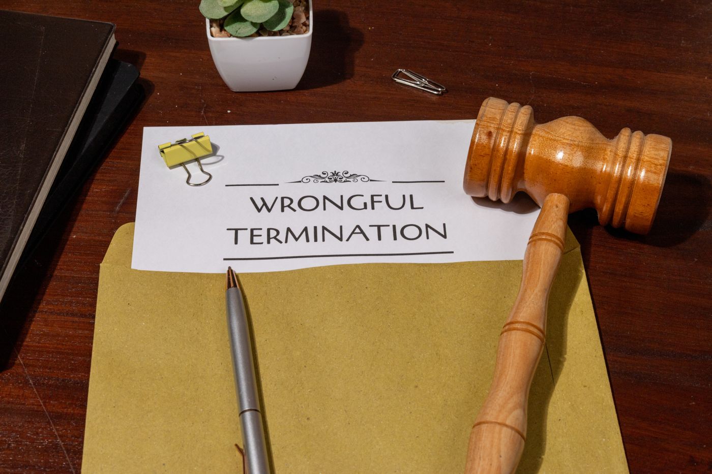 Document Detailing Wrongful Termination on Table with gavel