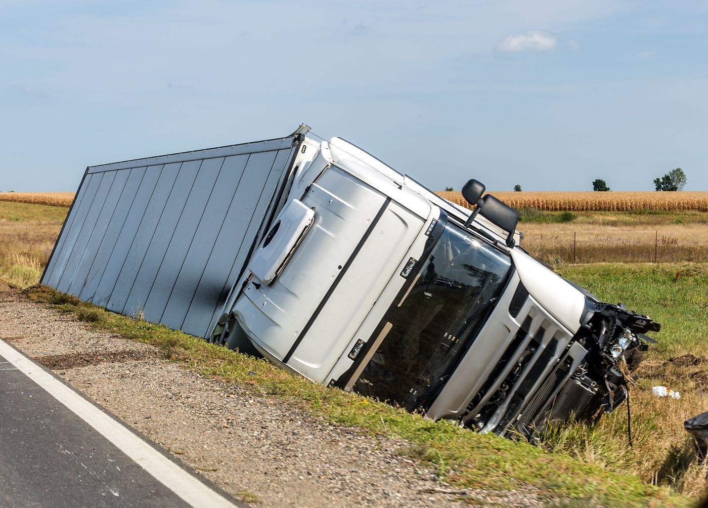 Truck on its side after accident
