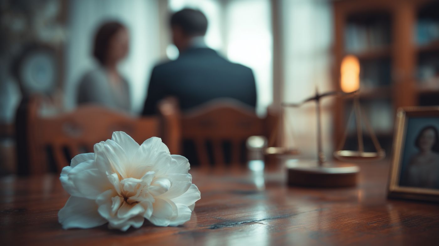White flower on wooden table with blurred scales of justice and family photo