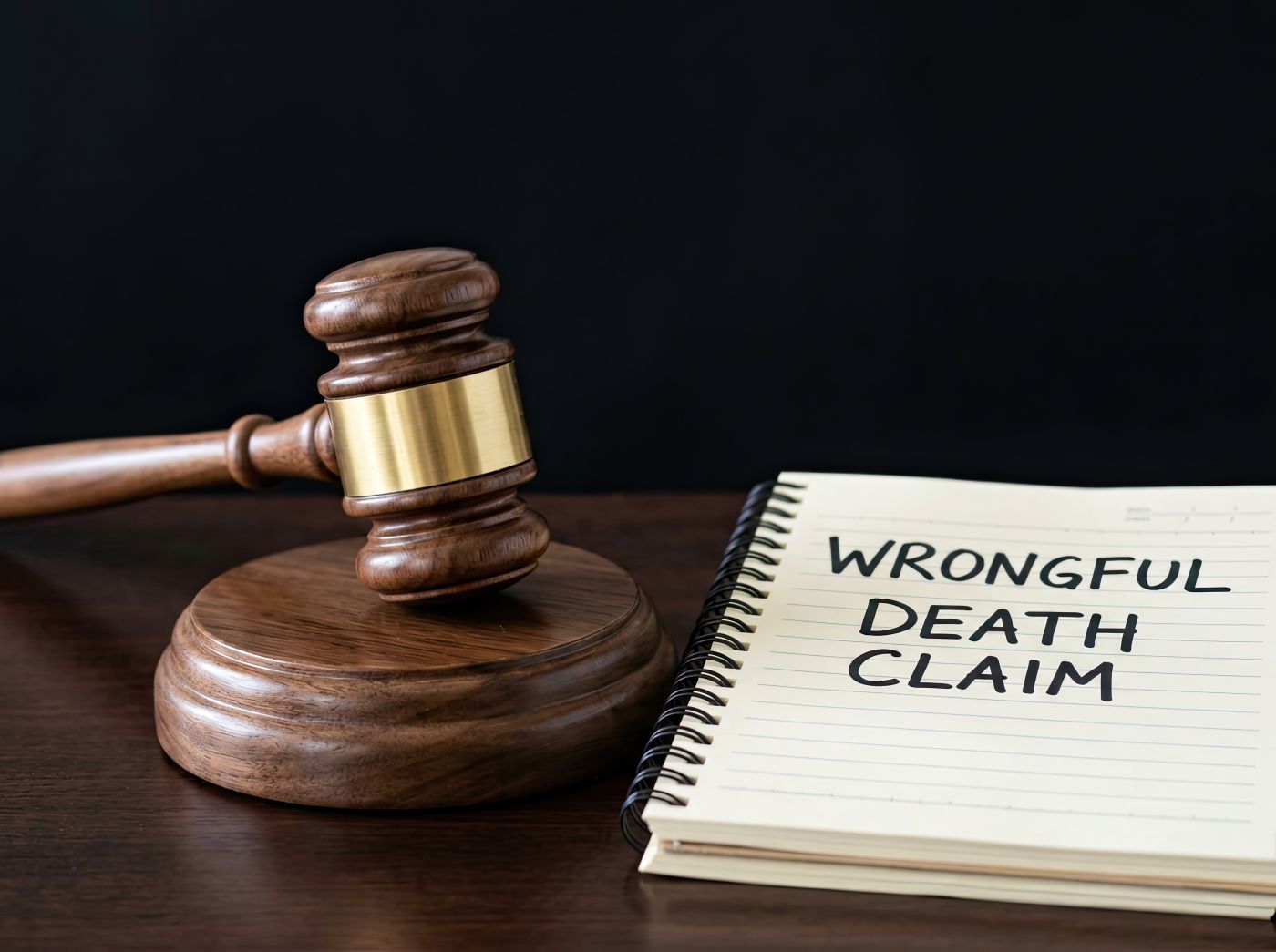 Wooden gavel next to wrongful death claim notebook