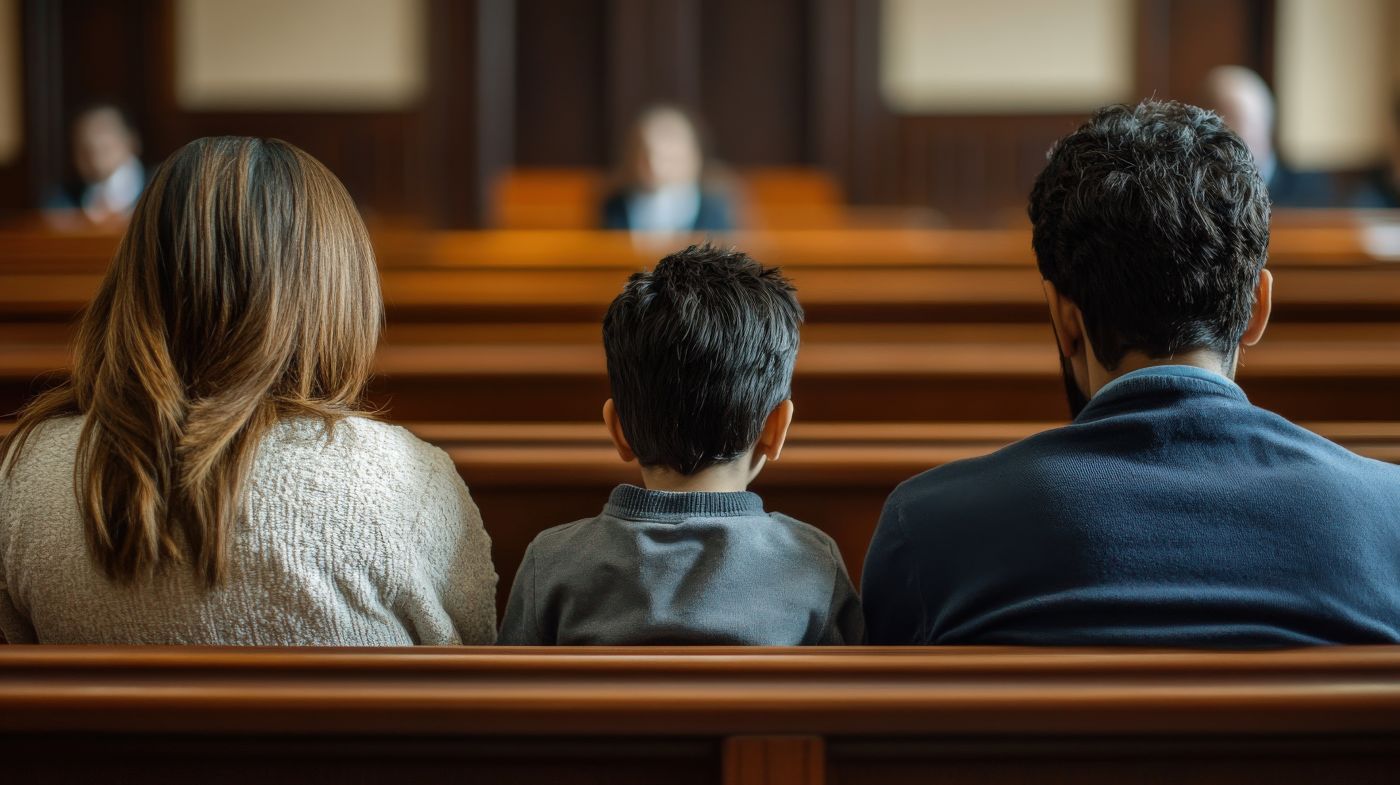 Divorced parents with child sitting in courtroom