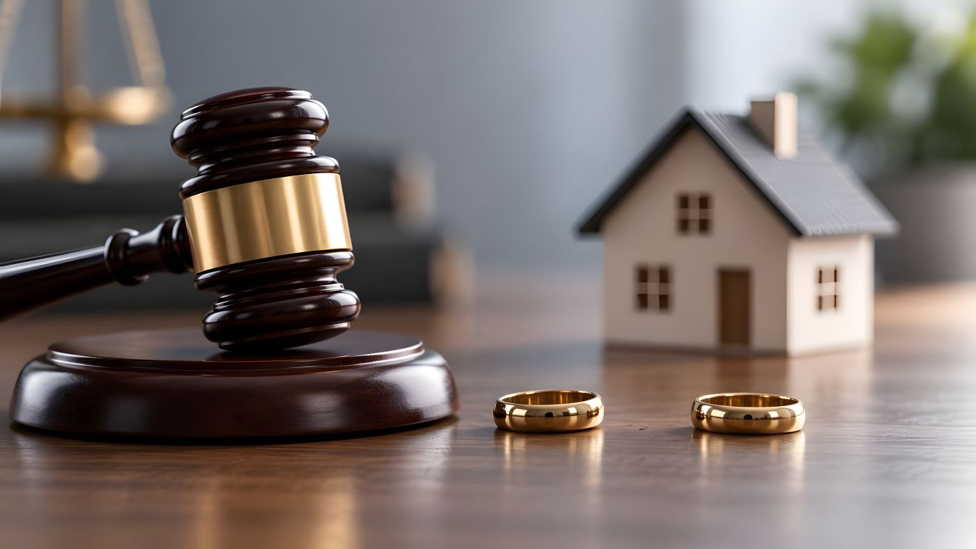 Judge gavel with gold wedding rings and miniature house model