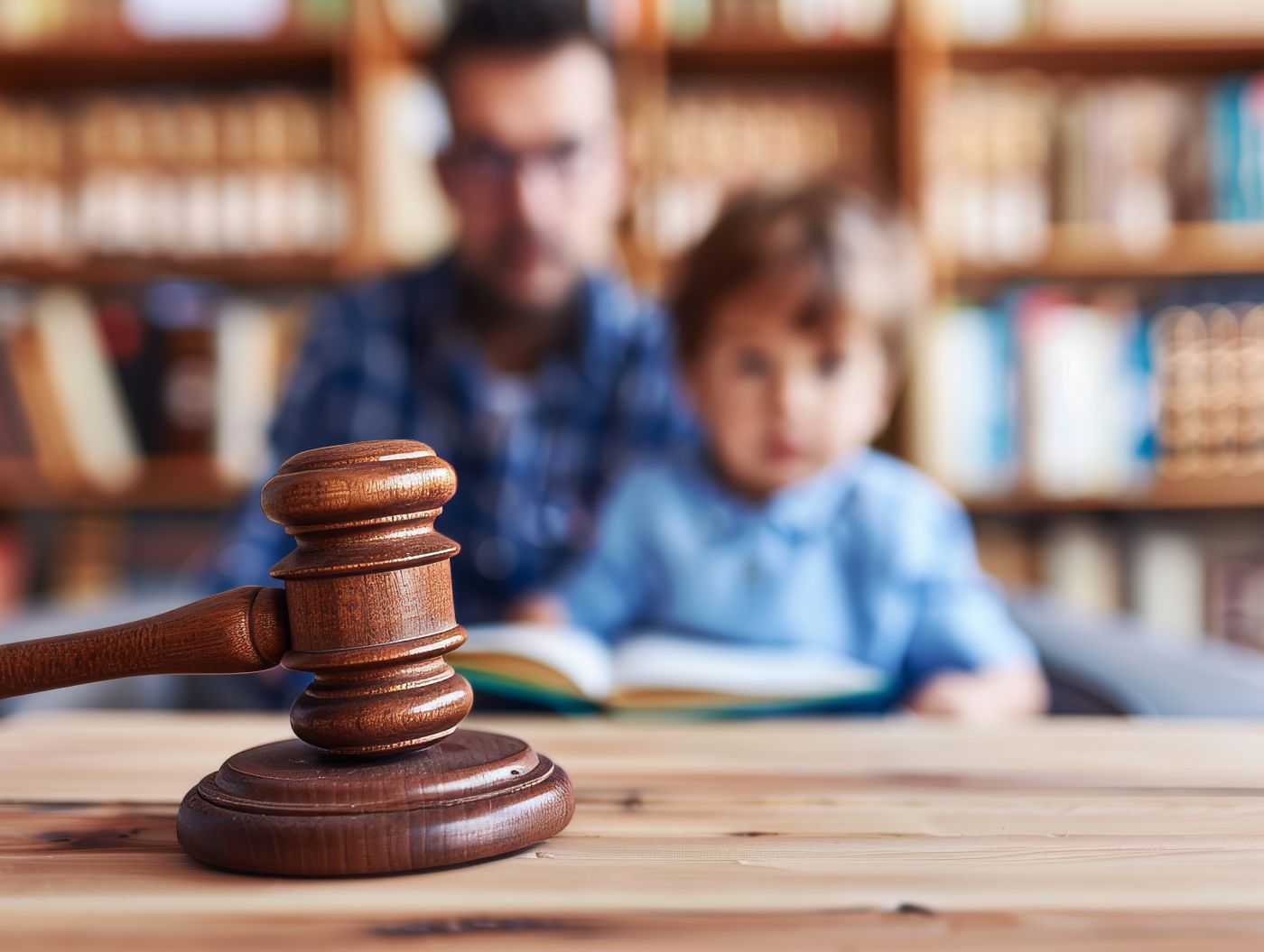 Gavel on table with blurred father and son in background