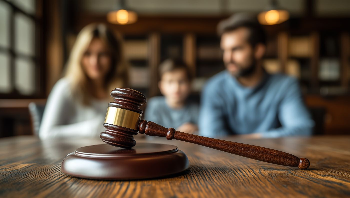 Gavel with divorced couple and child in background