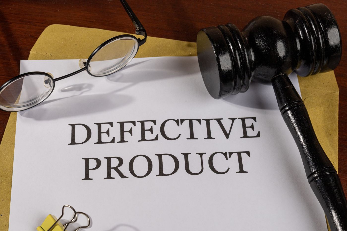 Defective Product text on paper with gavel