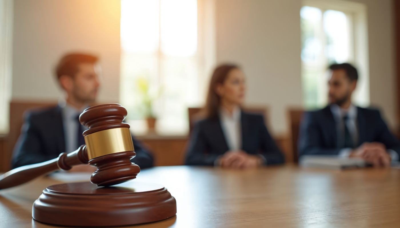 Gavel on table in courtroom setting with blurred jury members