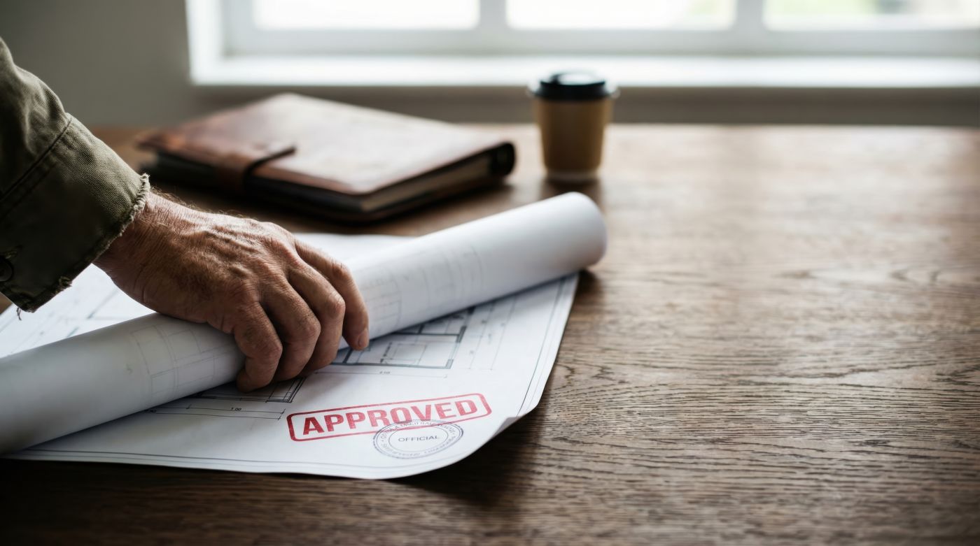 Man holding approved construction plan document