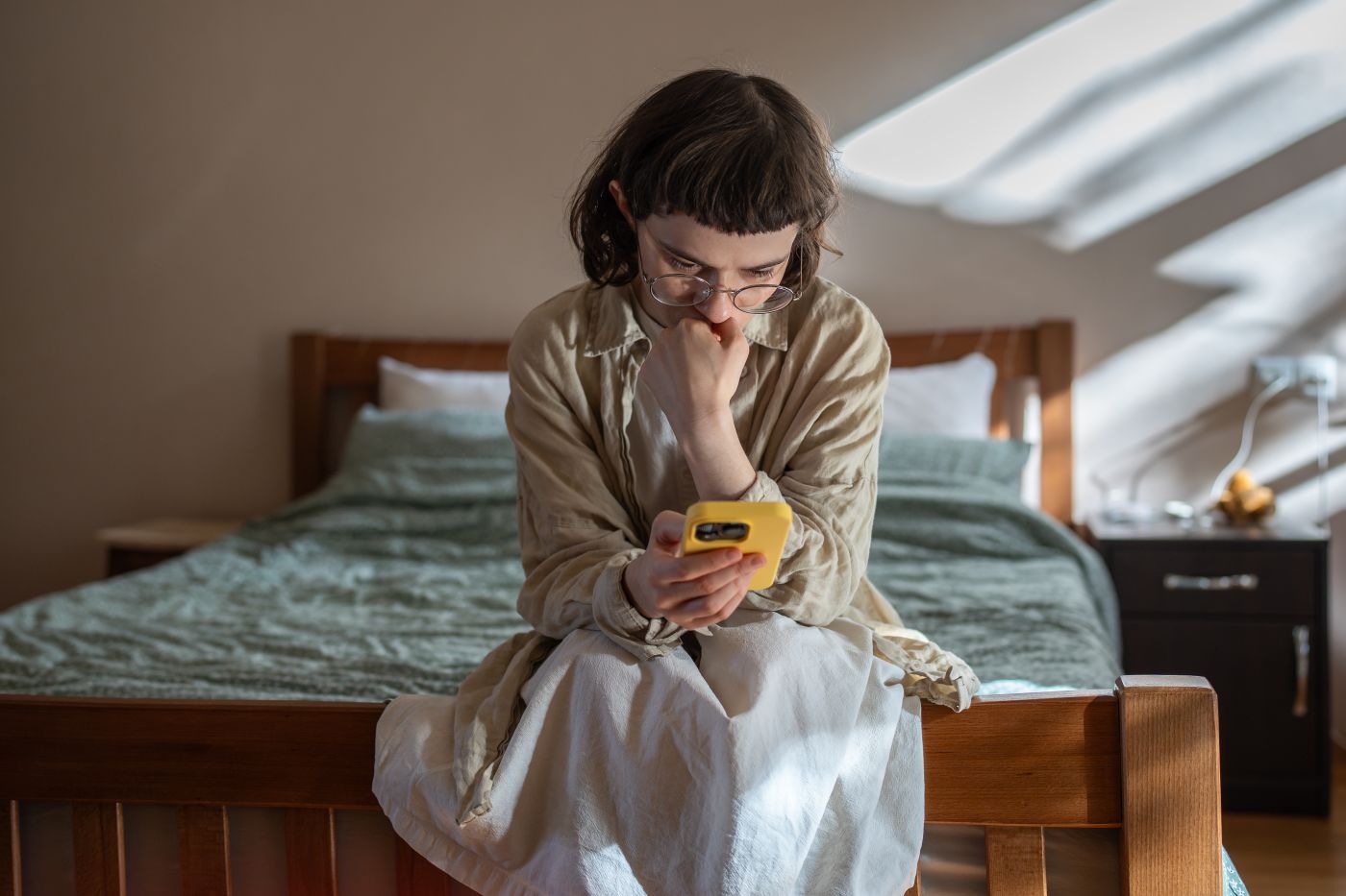 Worried women reading text messages in phone