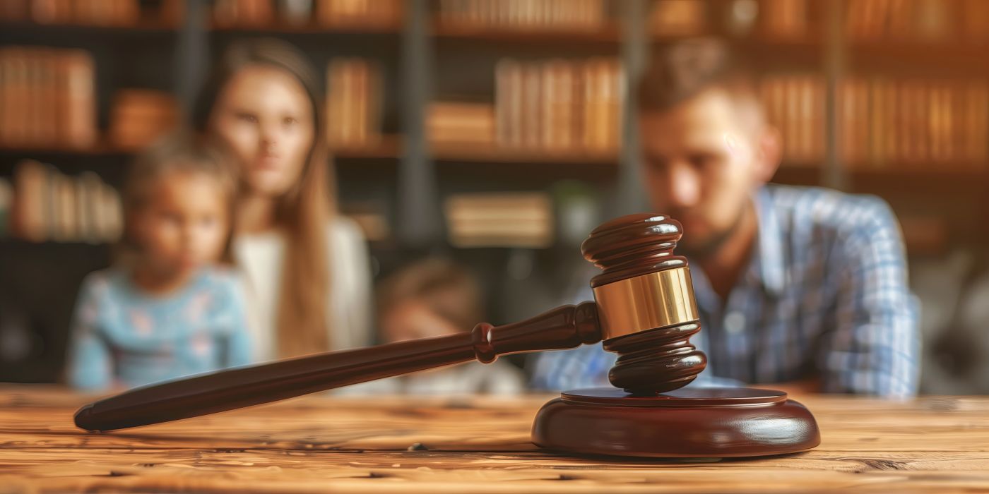Divorced parents and child with gavel on table