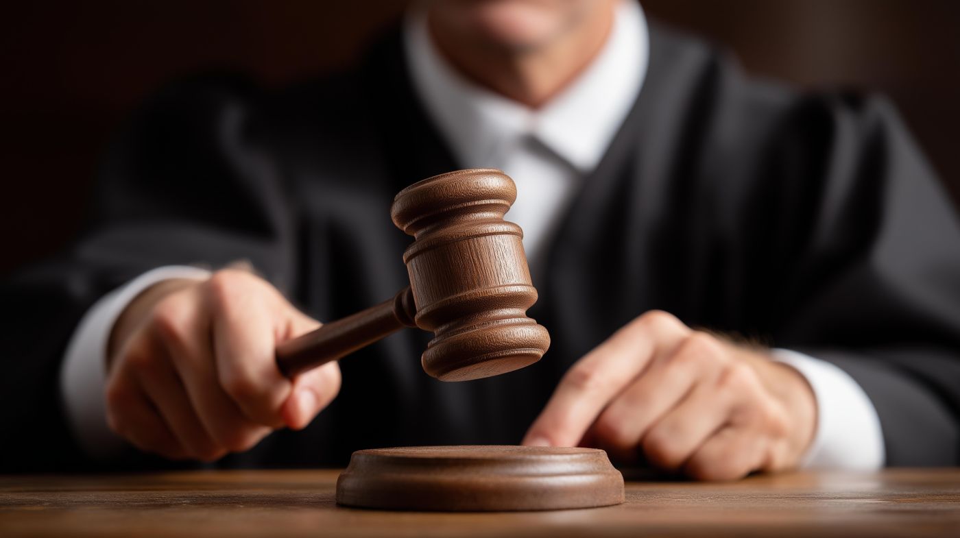Faceless judge striking gavel in courtroom