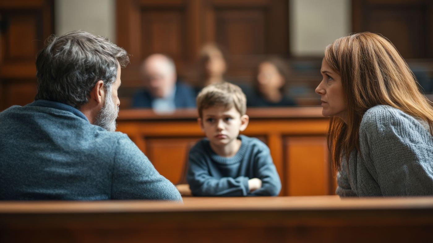 Divorced parents with child in courtroom for custody hearing