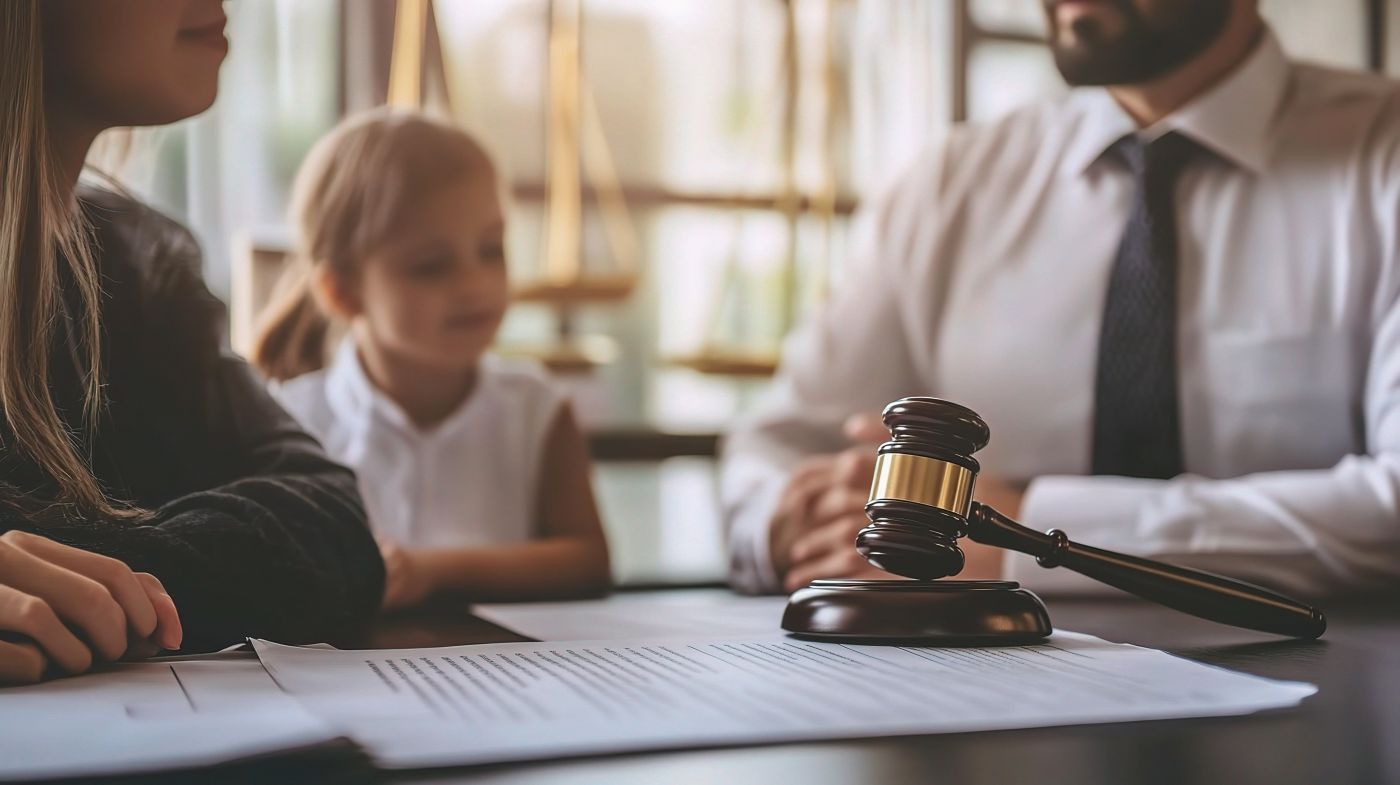 Mother and child consulting with family law attorney