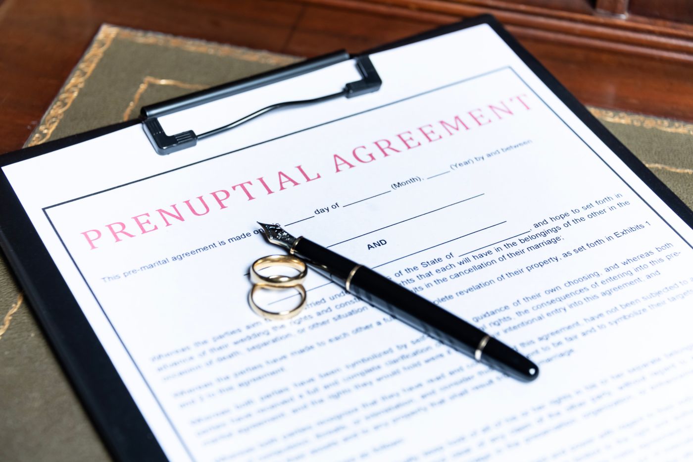 Prenuptial Agreement, Pen and wedding ring in table