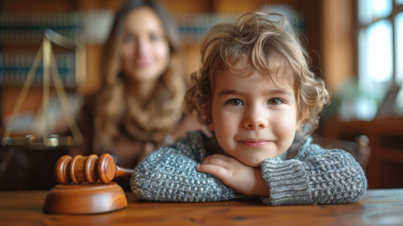 Cute child and mother at table with gavel