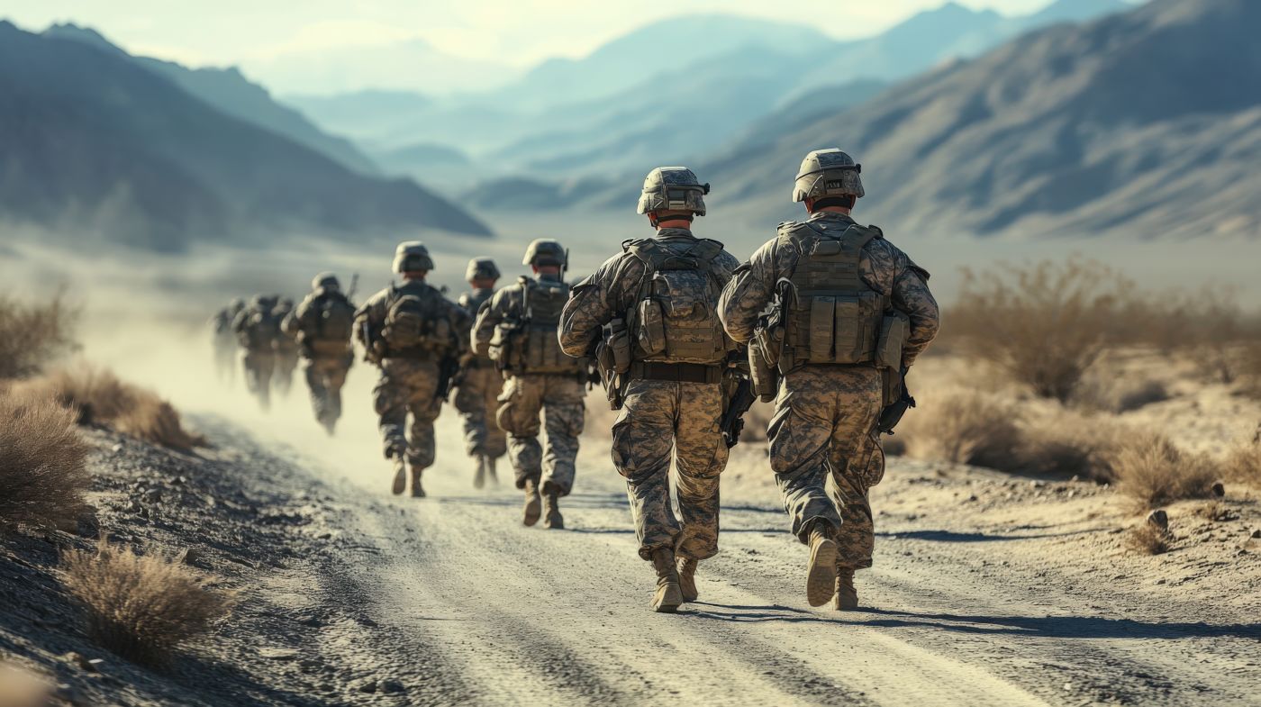 Soldiers in tactical gear marching along a rugged desert path