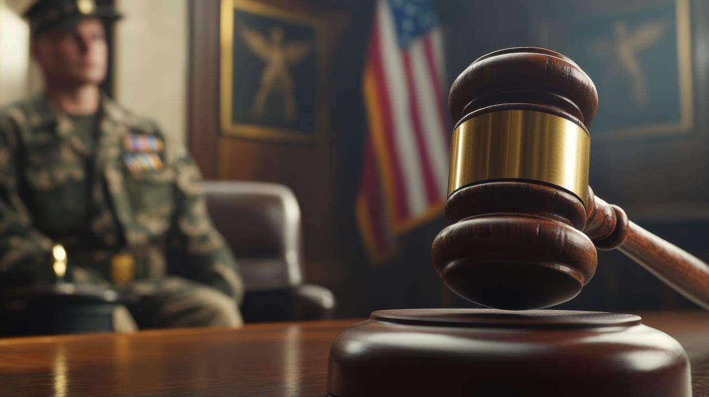 Gavel on a table with a military officer in the background