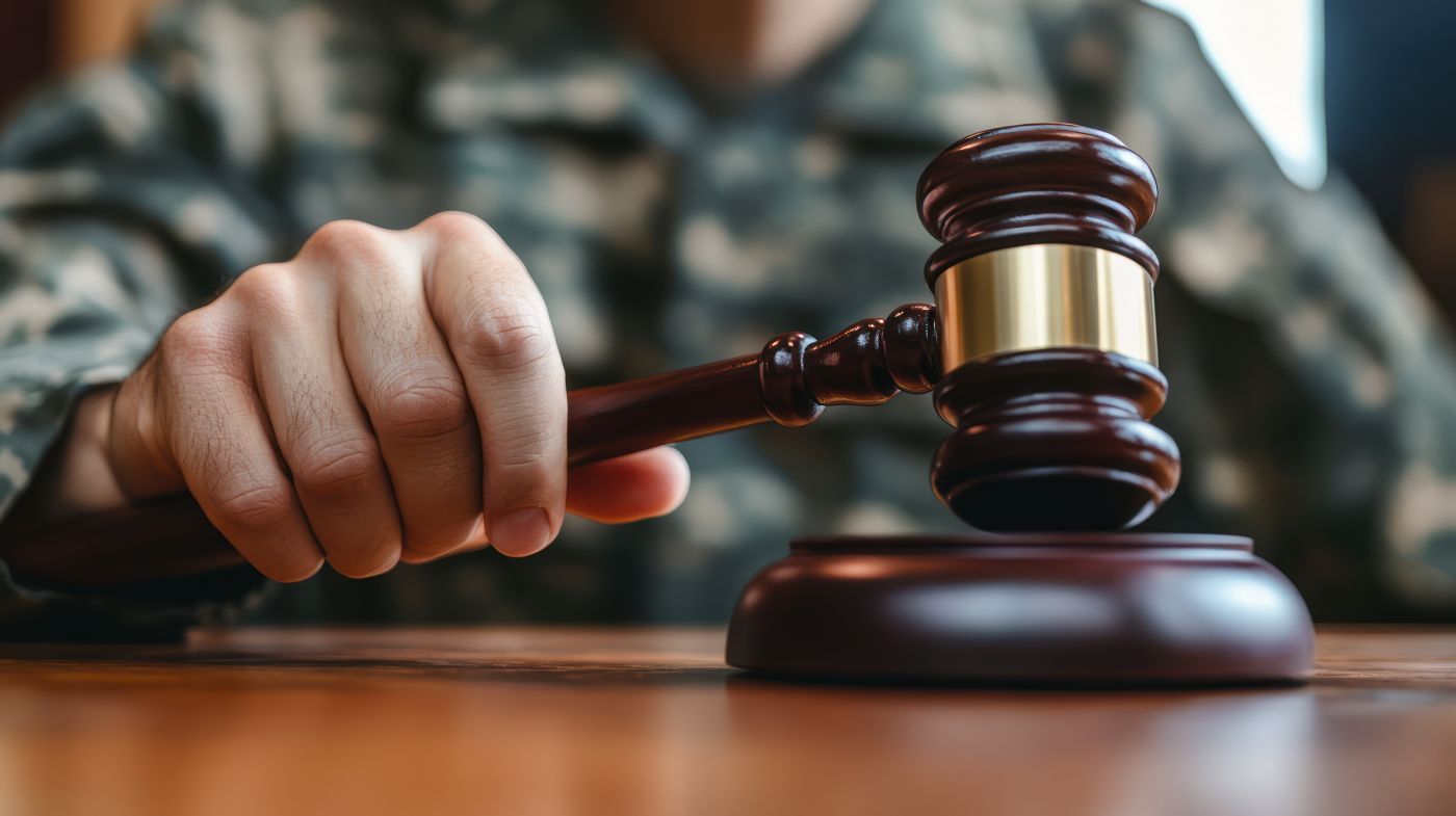 Military justice represented by a soldier holding a wooden gavel