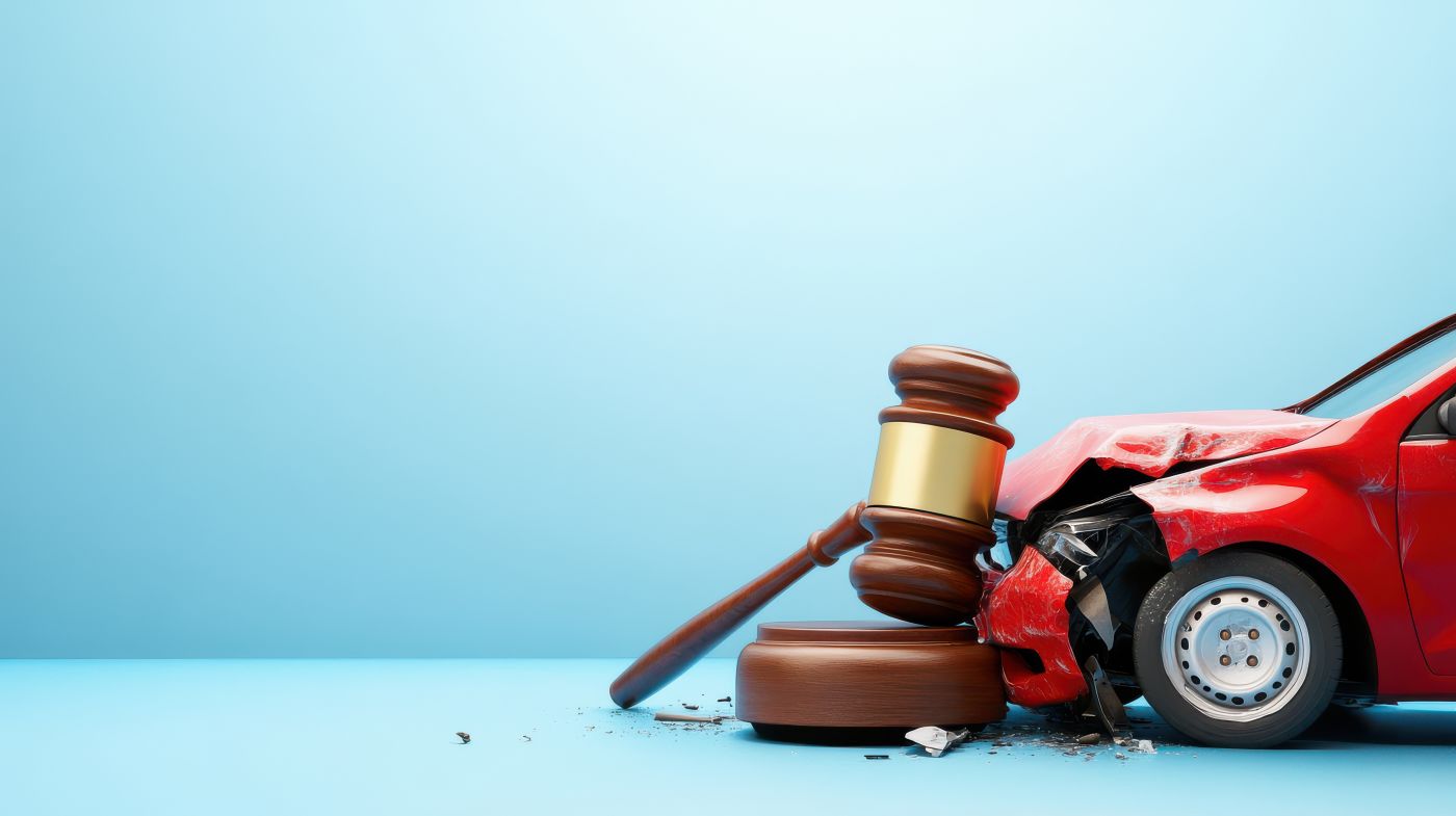 A gavel rests on a damaged red car