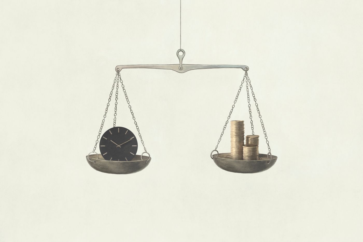 Scale with clock on one side and coins on other