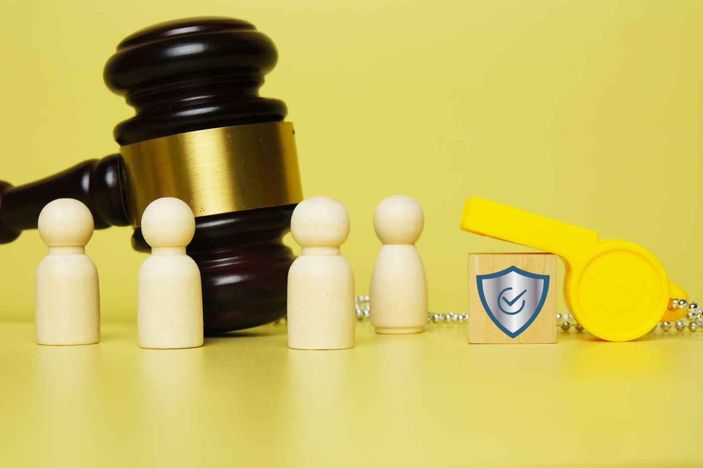 Gavel, wooden figures, whistle and shield on wooden block
