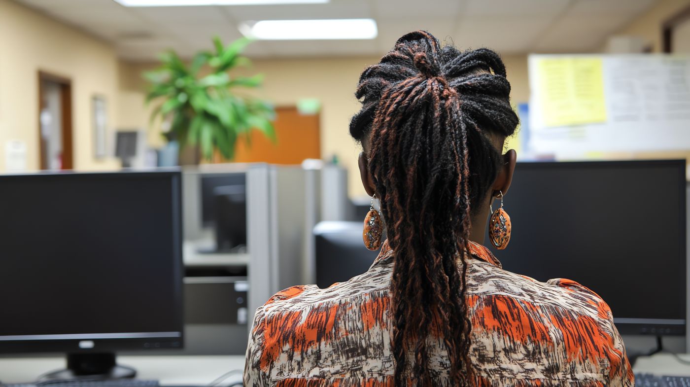 Woman Working at Computer in Office with Dreadlocks Hairstyle