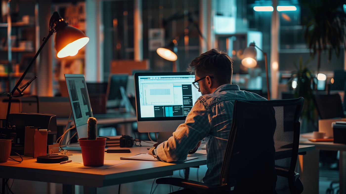 Man working late night in office