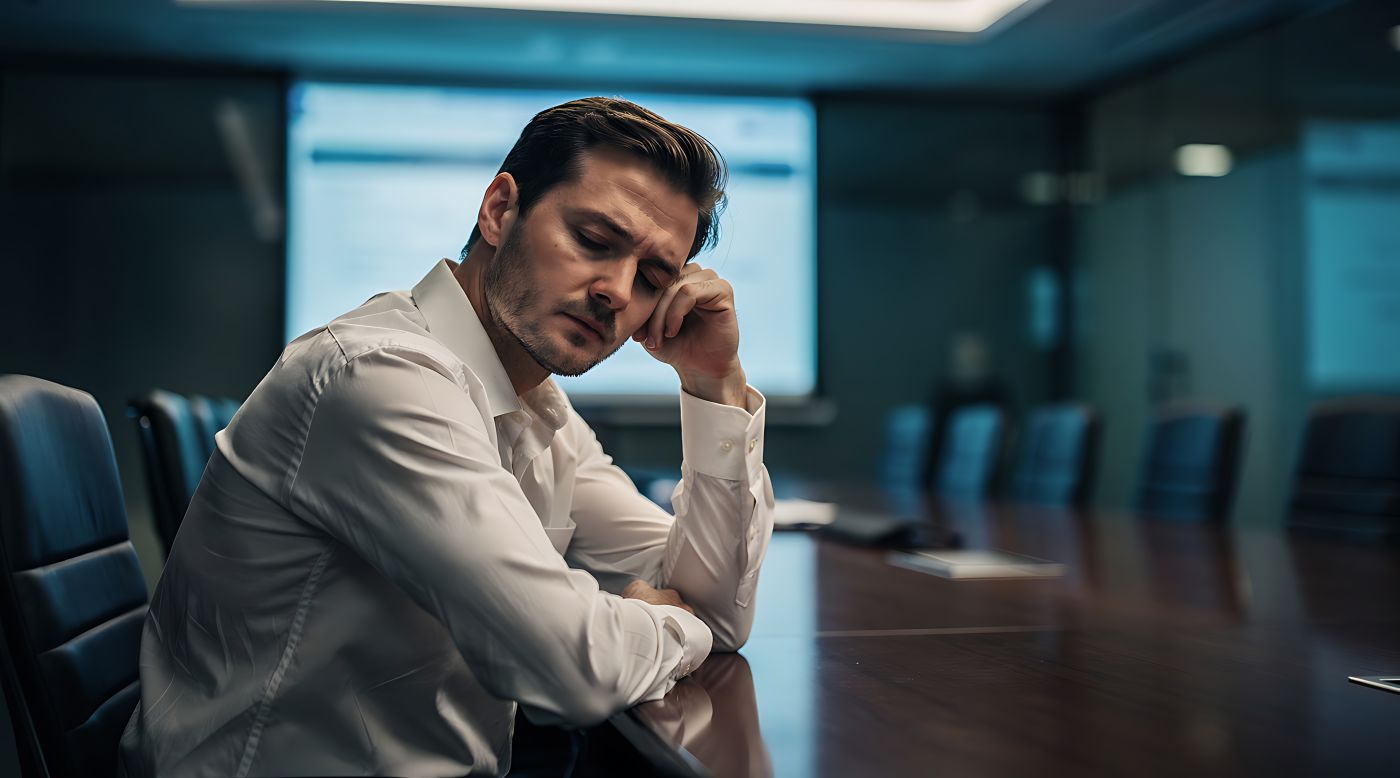 Sad businessman in corporate board room