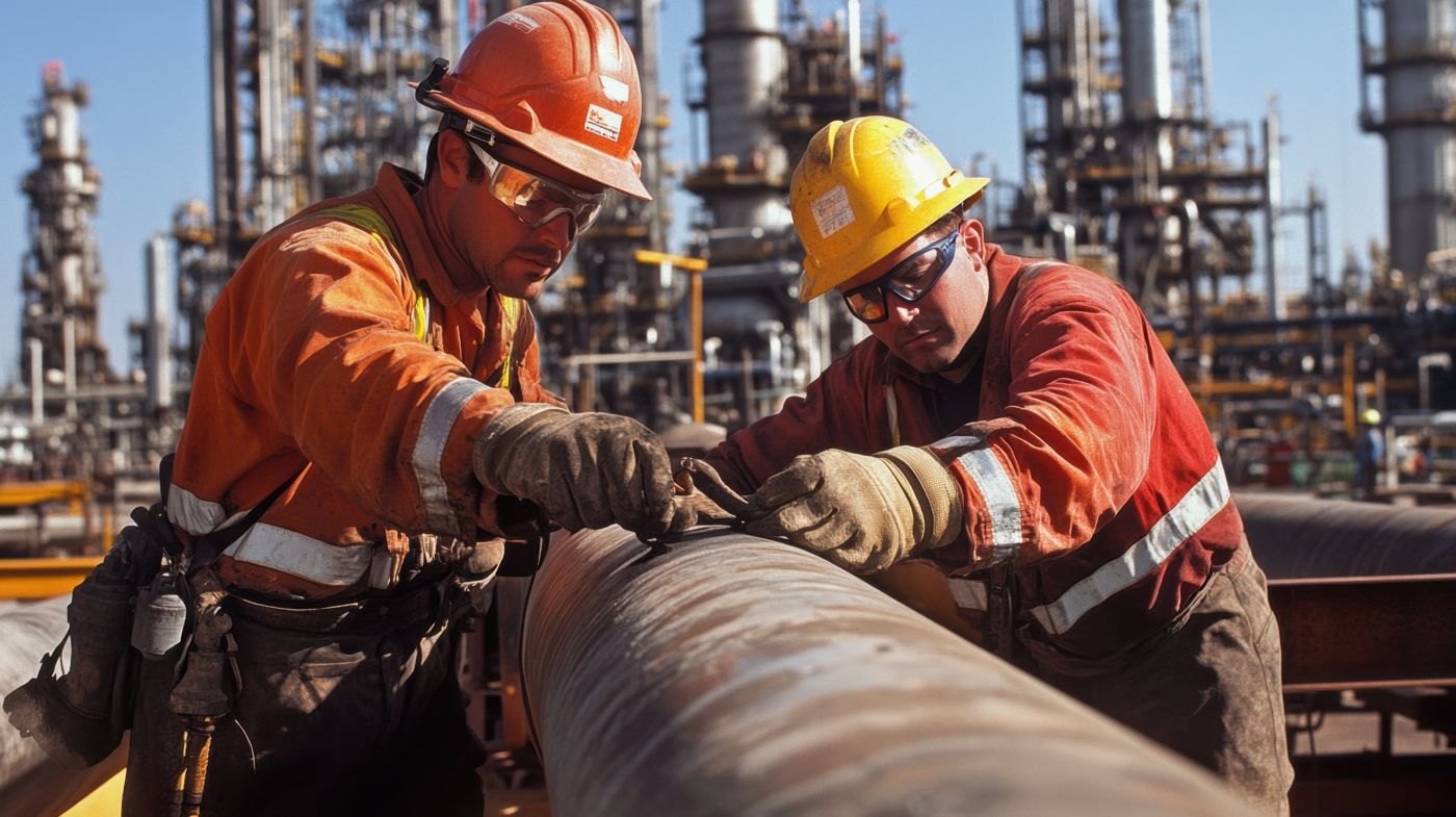 Male workers connecting pipes in Oil field