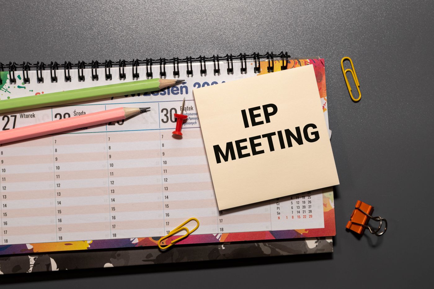 IEP MEETING text on a note with calender