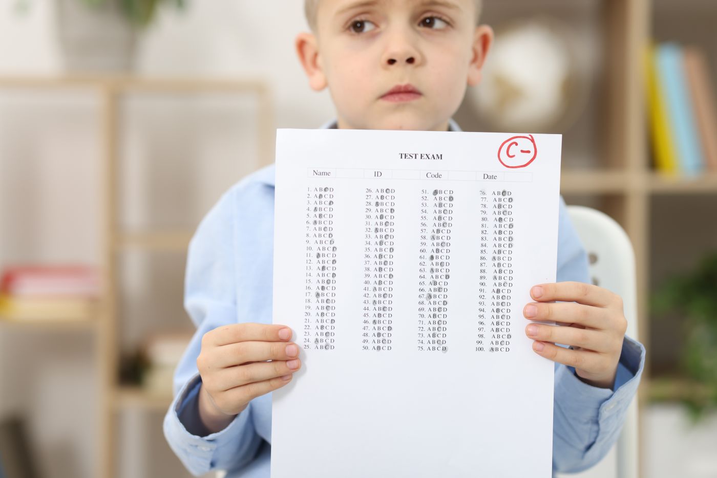 Sad boy holding answer sheet with letter C and minus symbol