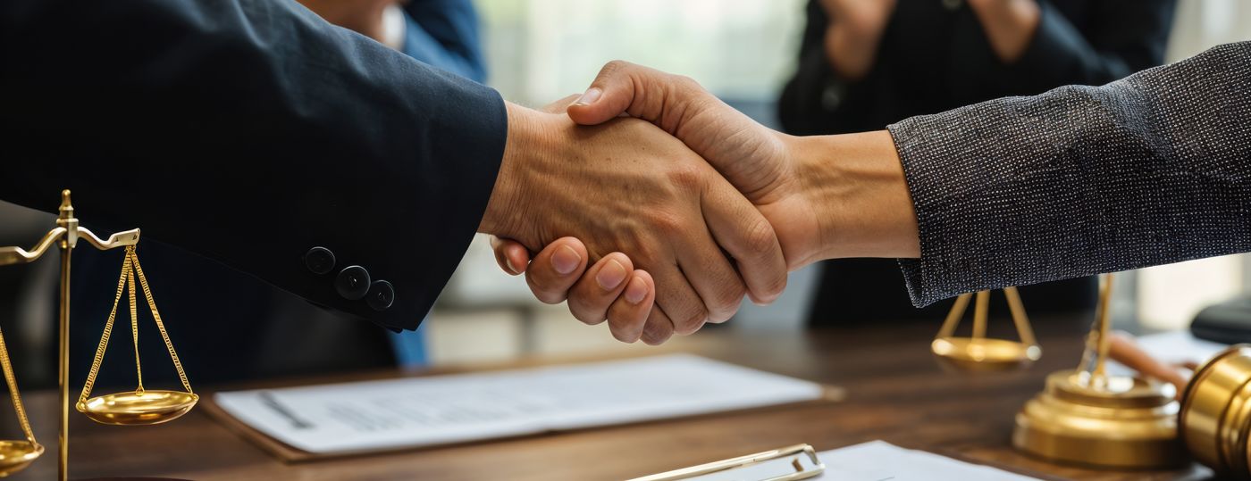 Two lawyers are shaking hands after reaching a successful agreement during a business meeting, while their colleagues applaud them