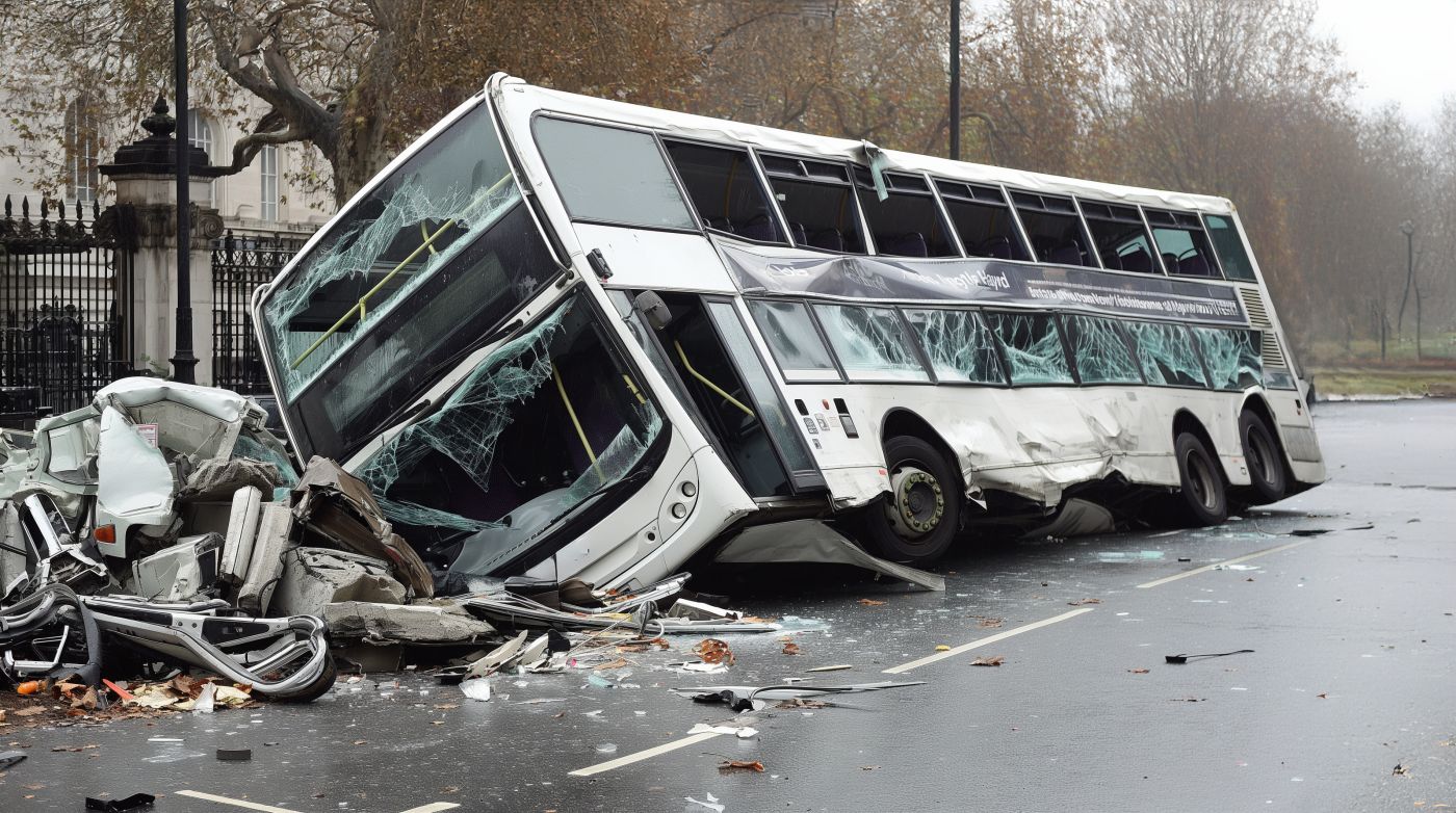 Double decker bus lying on its side after traffic accident