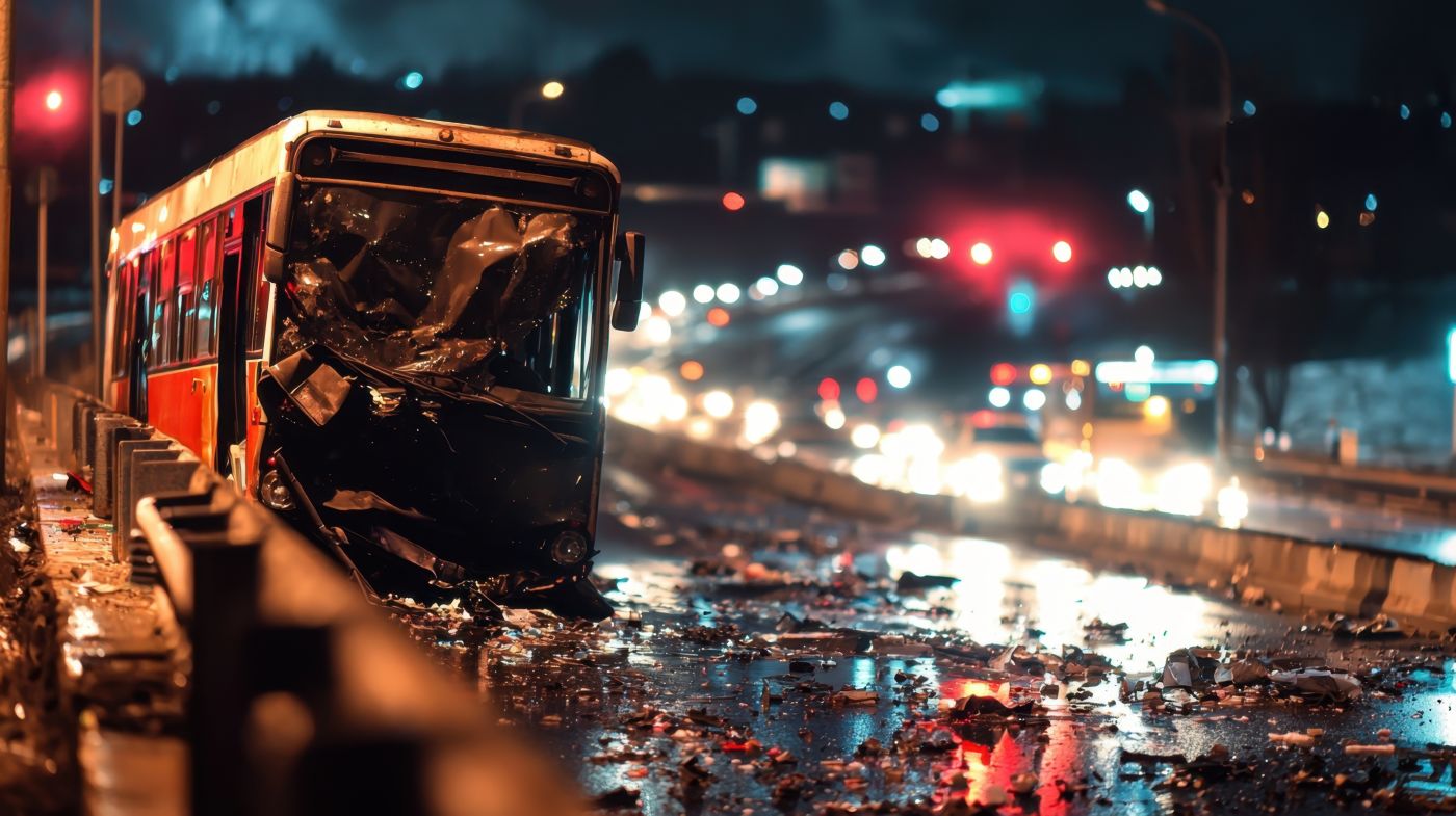 Damaged bus after collision with a barrier on highway