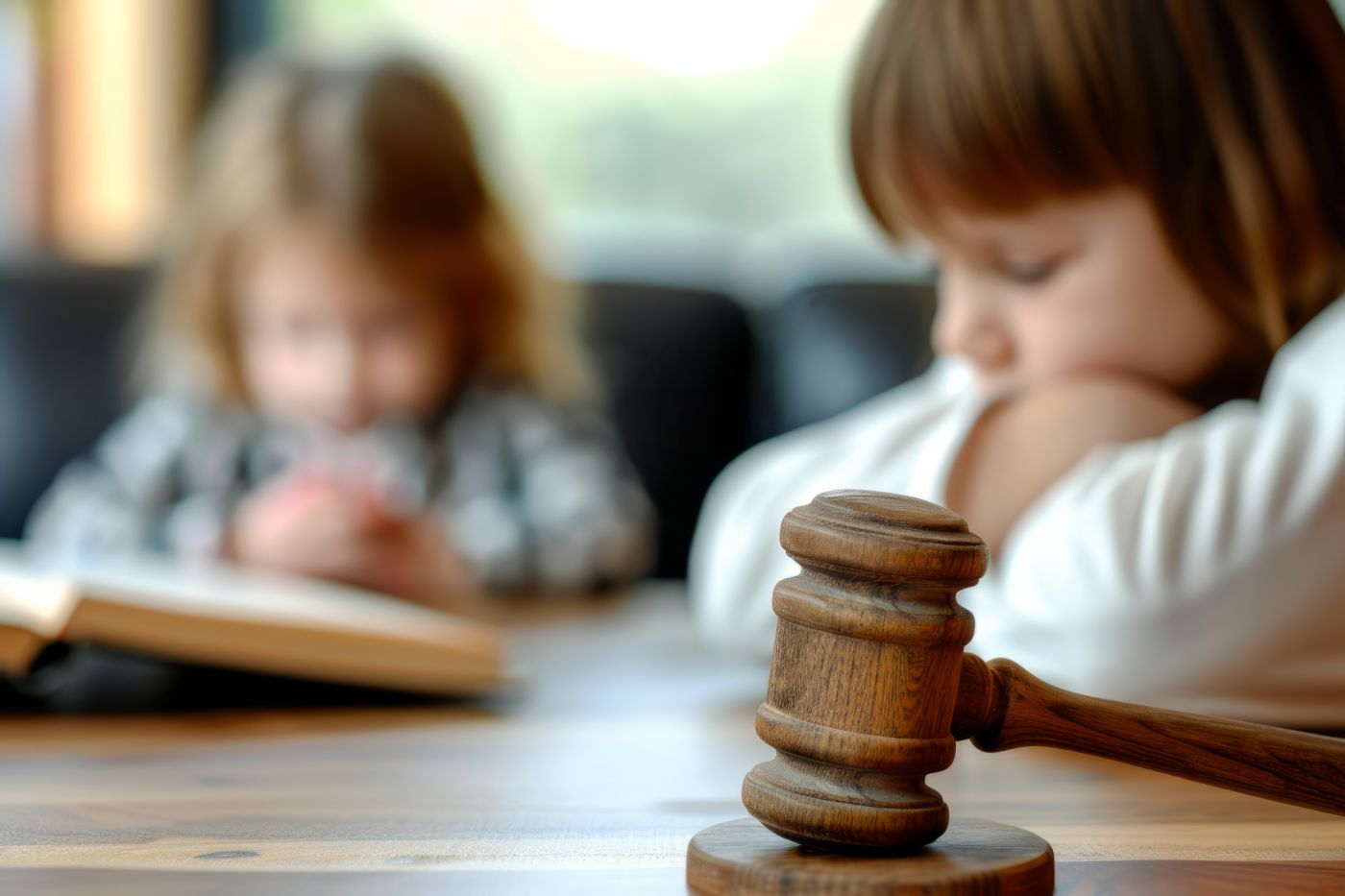 Close up of gavel with blurred children in background