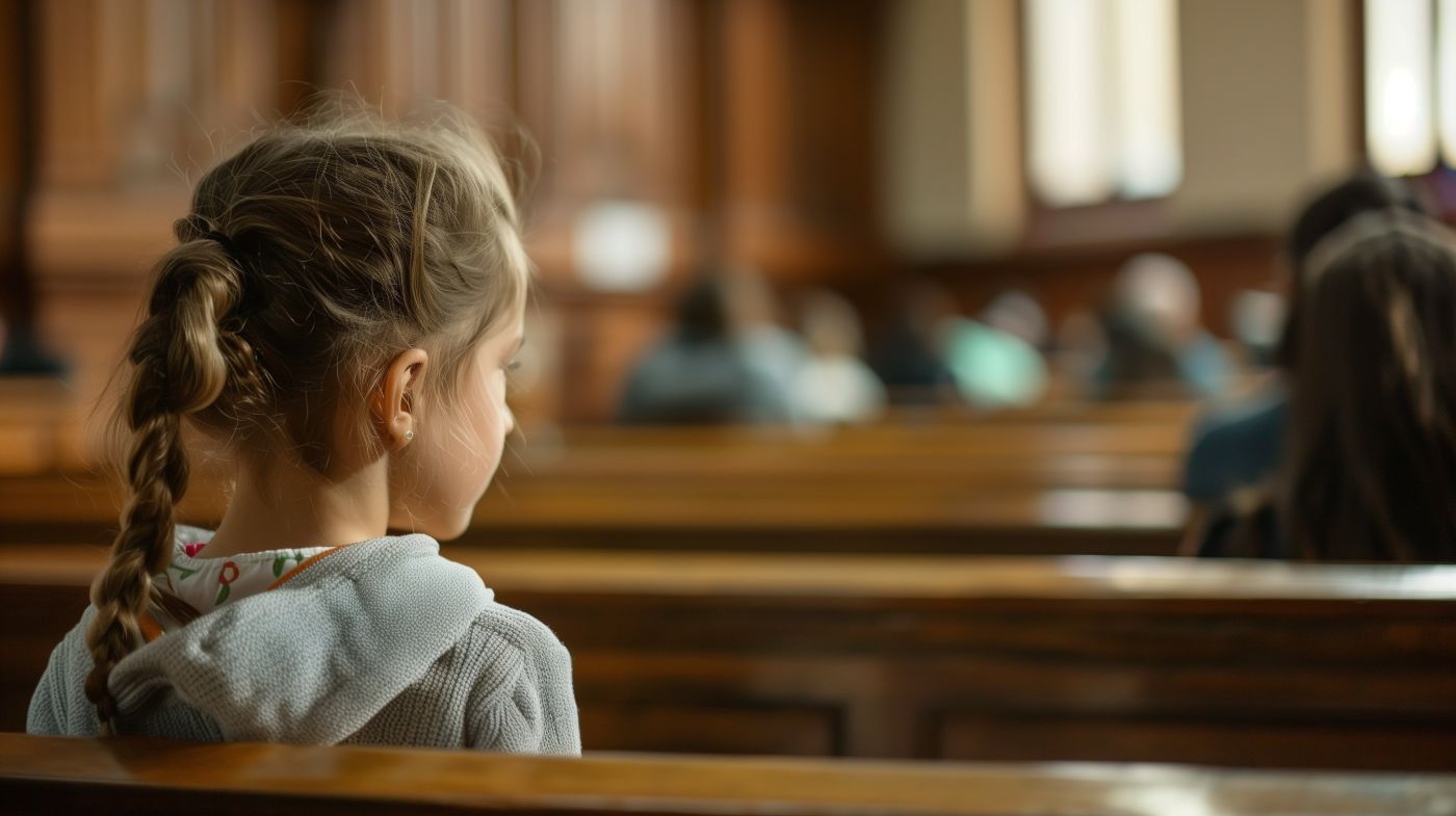 Sad child in courtroom awaiting custody decision