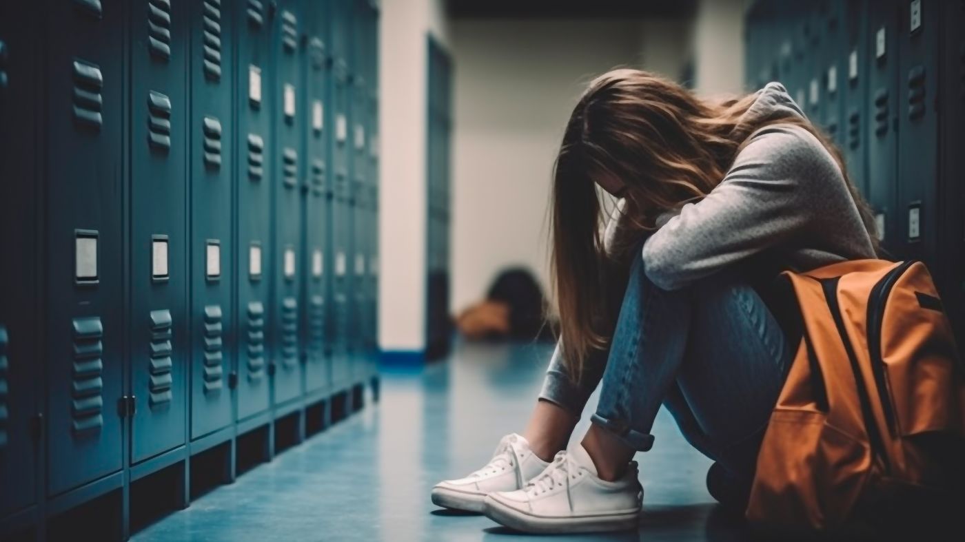Sad student sitting by locker against school corridor