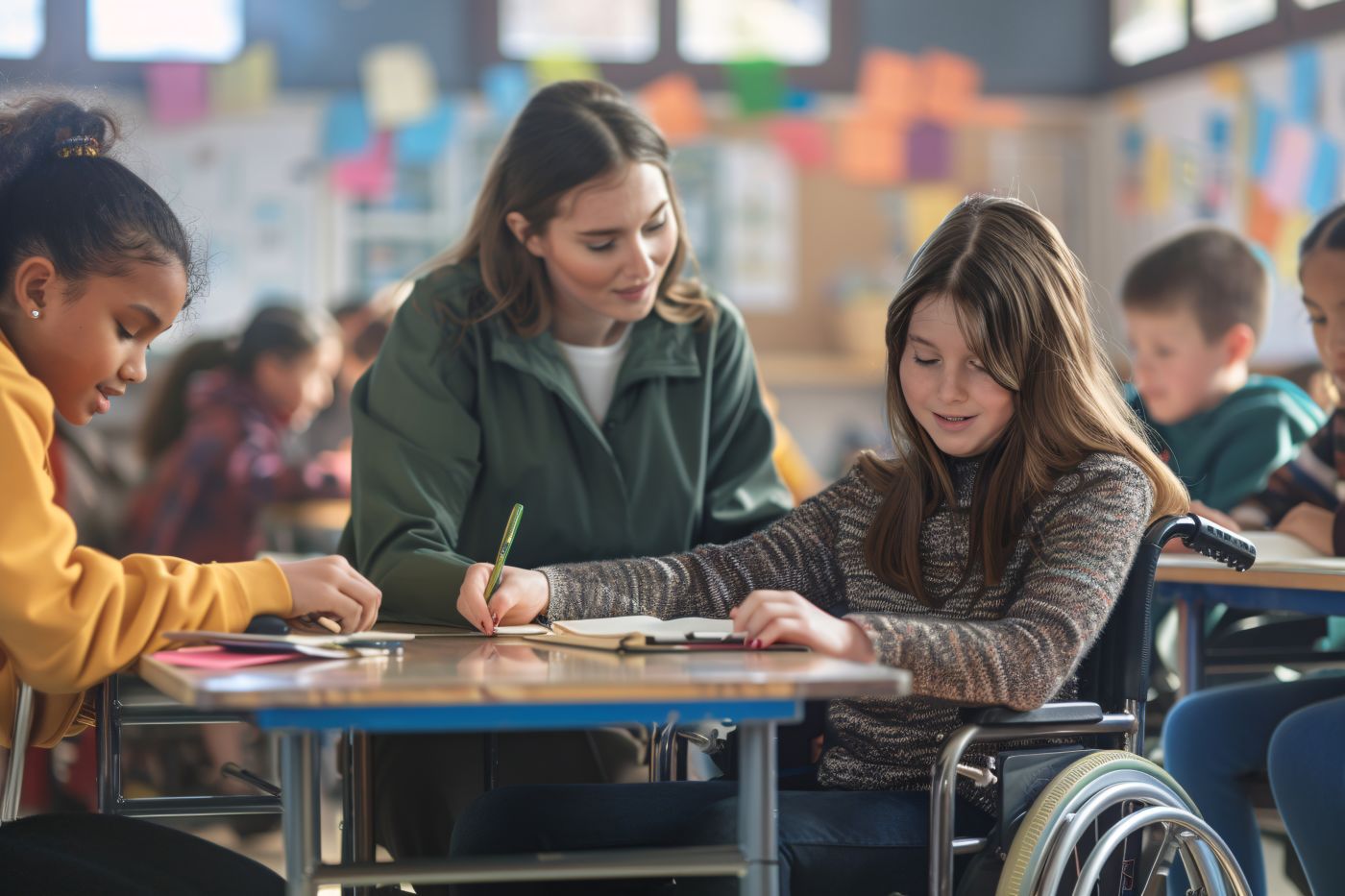 Teacher assisting girl in wheelchair in classroom