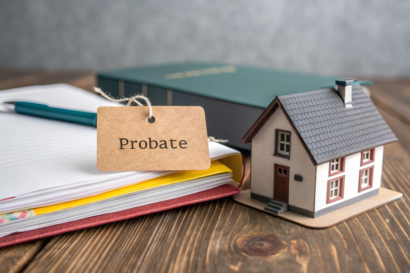 Probate tag resting on legal documents with house model