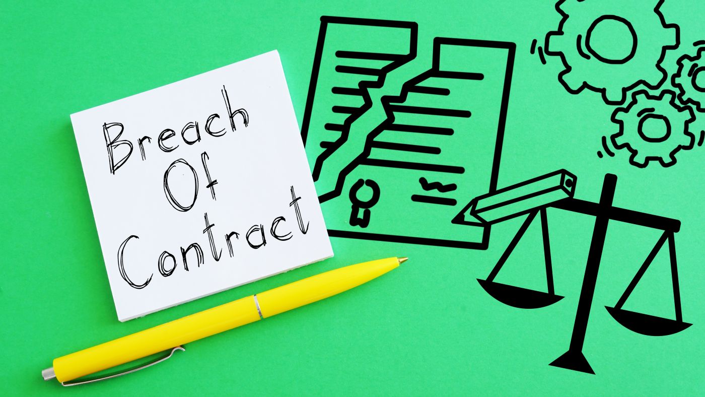 Breach of contract text and gavel icon