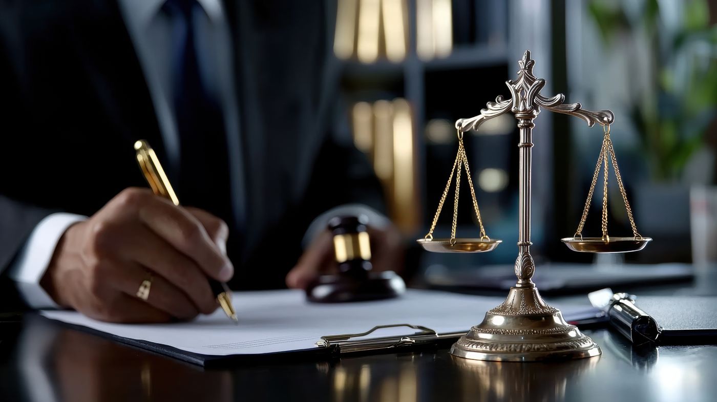 Attorney drafts legal contract in his office