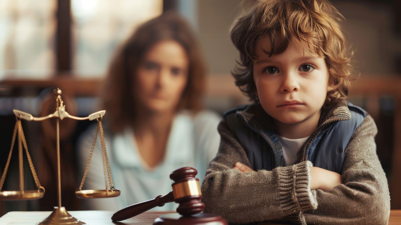Cute child with gavel and mother