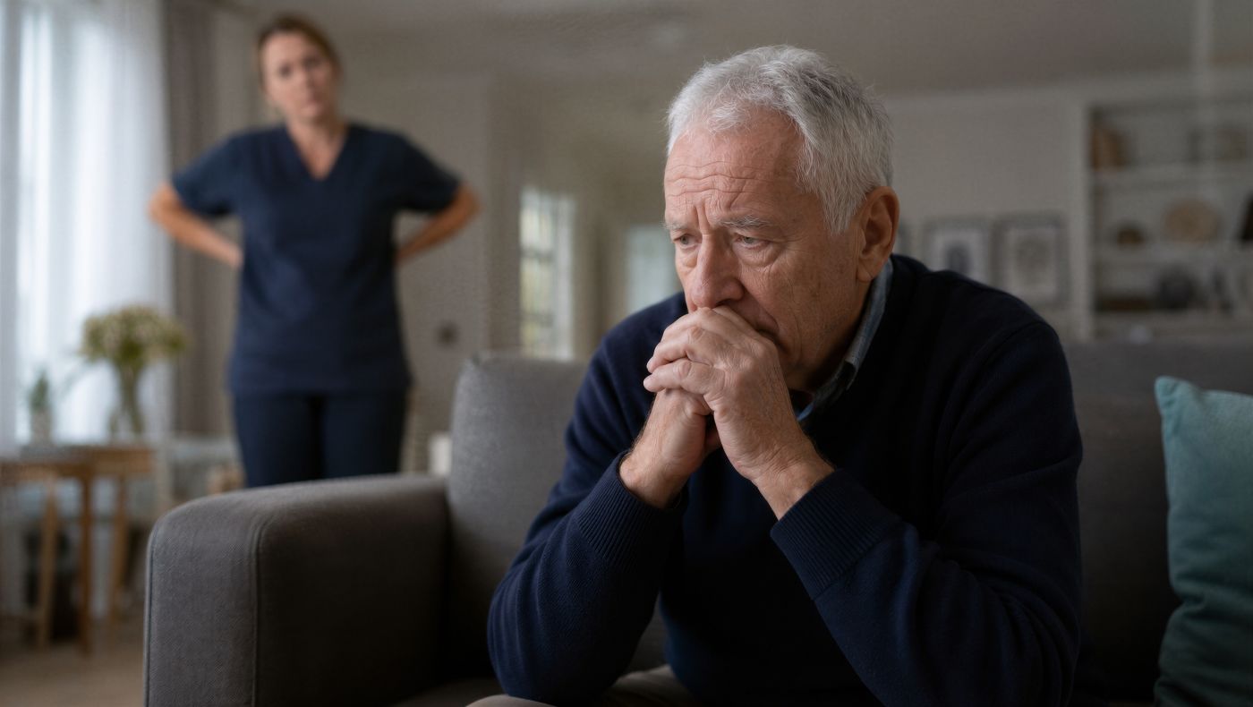 Scared old man with care giver in background
