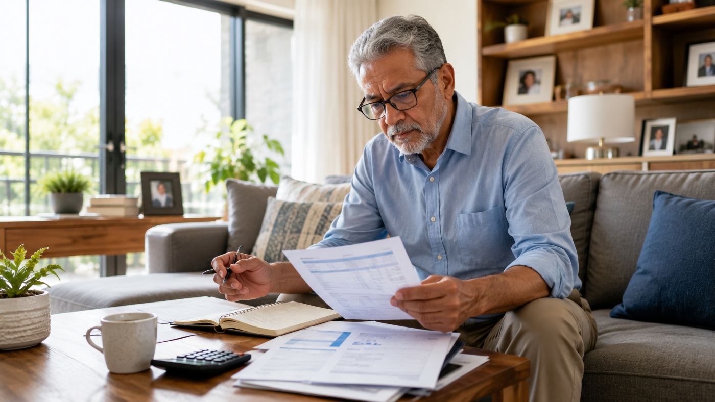 Senior man reviewing bills and financial documents at home