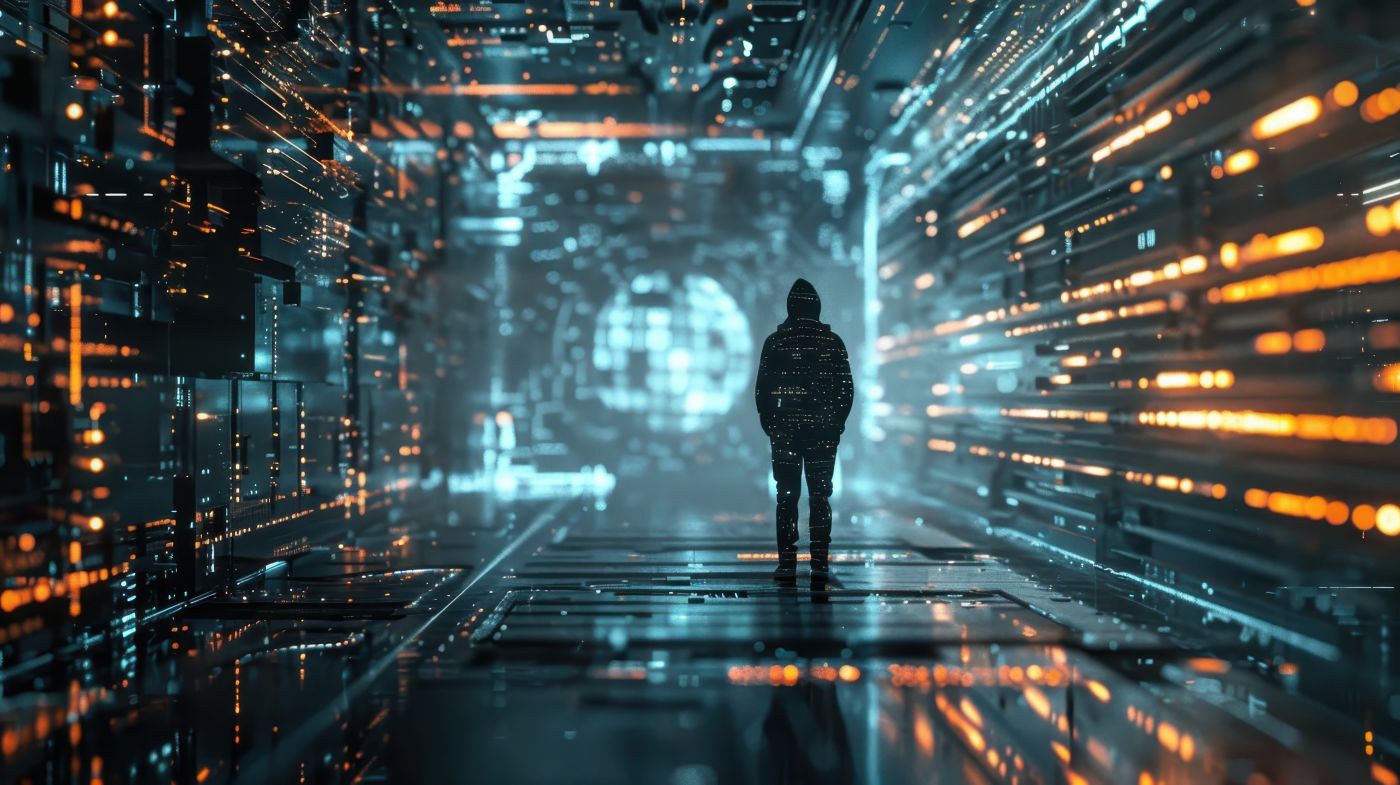 Silhouette of a person in a digital tunnel, surrounded by glowing data streams