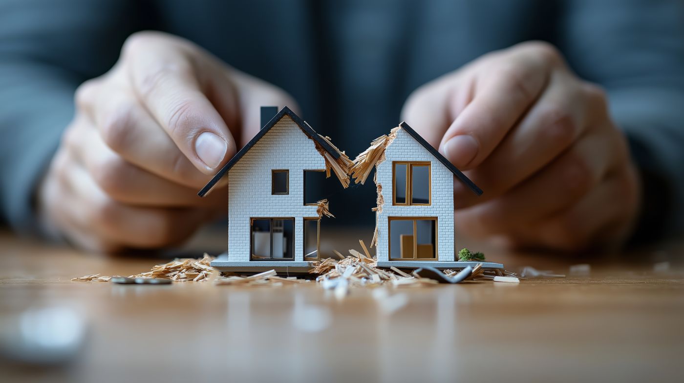 Hands splitting a model house into two, symbolizing divorce