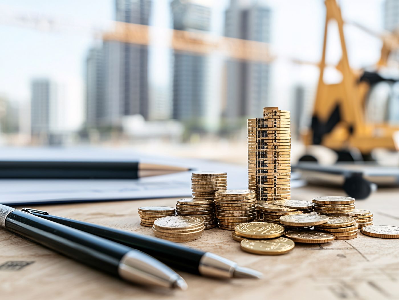 Stacked coins with construction cranes and buildings in the background