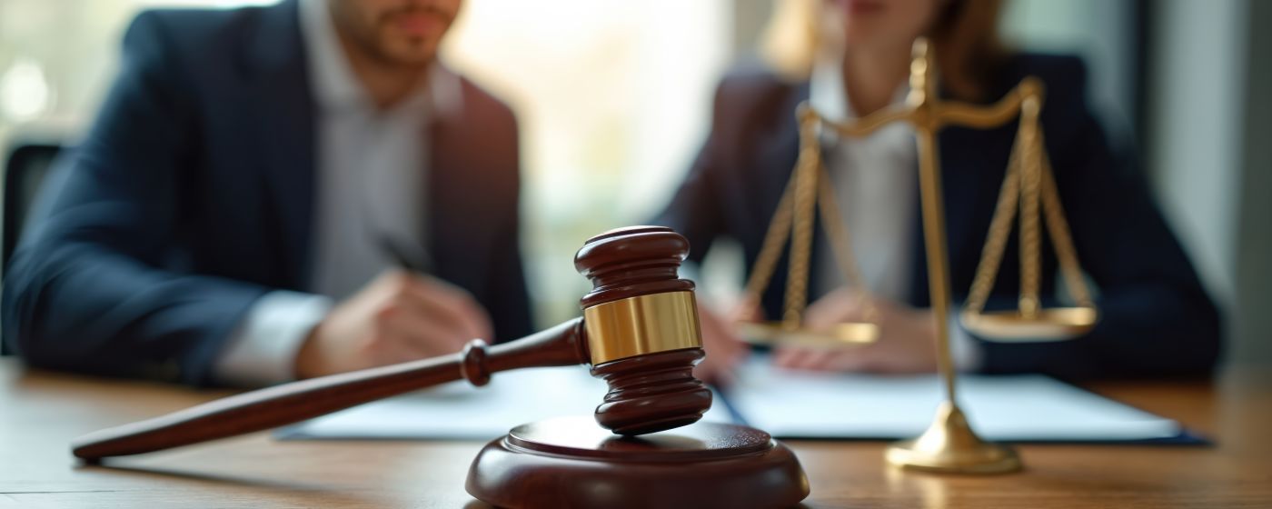 Gavel on table with people signing agreement paper in background